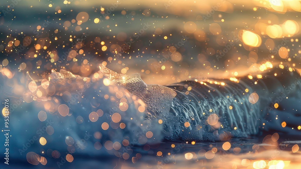 Poster abstract blurred background of a wave with golden bokeh lights.