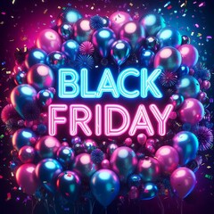 Bright neon "Black Friday" sign glows against a dark backdrop, surrounded by colorful, metallic balloons and confetti, creating a festive atmosphere.







