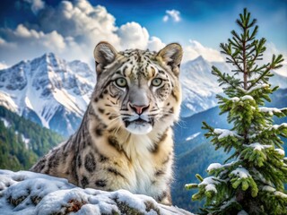 Fototapeta premium Majestic snow leopard with piercing green eyes and thick grey fur blended into a wintry Himalayan landscape of snow-capped peaks and frosty pine trees.