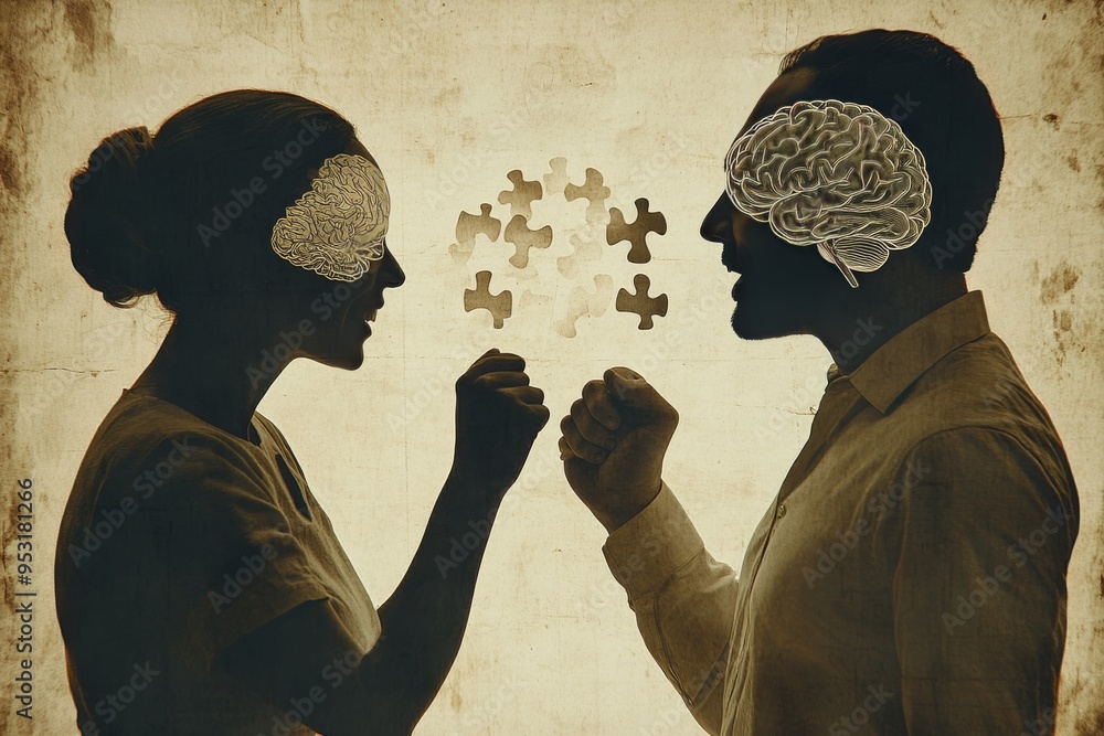 Poster puzzle piece profiles with brain illustrations symbolizing the complexities of human connection and 
