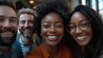 Fototapeta premium Diverse group of colleagues smiling for a selfie in a modern office, showcasing camaraderie and inclusivity in a casual work environment