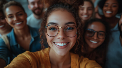 Fototapeta premium Diverse group of colleagues smiling for a selfie in a modern office, showcasing camaraderie and inclusivity in a casual work environment