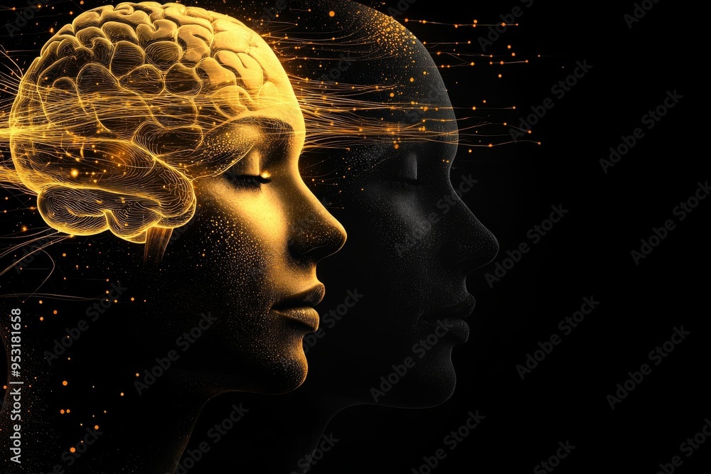 Poster golden hued double profile with glowing brains symbolizing the fusion of intellect and creativity in
