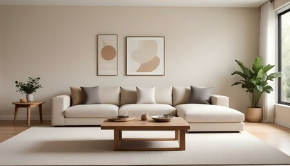 A modern living room with a large beige sofa, wooden coffee table, and minimalist decor.