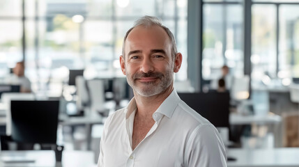 Fototapeta premium A smiling man with a beard and short hair is standing in a modern office environment, wearing a white shirt. In the background are several computer workstations and large windows.AI generated.