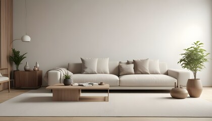 A modern living room with a large beige sofa, wooden coffee table, and minimalist decor.