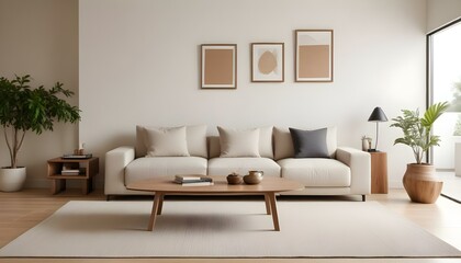 A modern living room with a large beige sofa, wooden coffee table, and minimalist decor.