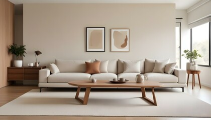 A modern living room with a large beige sofa, wooden coffee table, and minimalist decor.