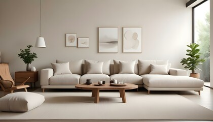 A modern living room with a large beige sofa, wooden coffee table, and minimalist decor.