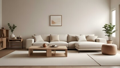 A modern living room with a large beige sofa, wooden coffee table, and minimalist decor.