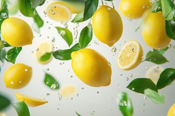 Fresh lemons and green leaves floating in air