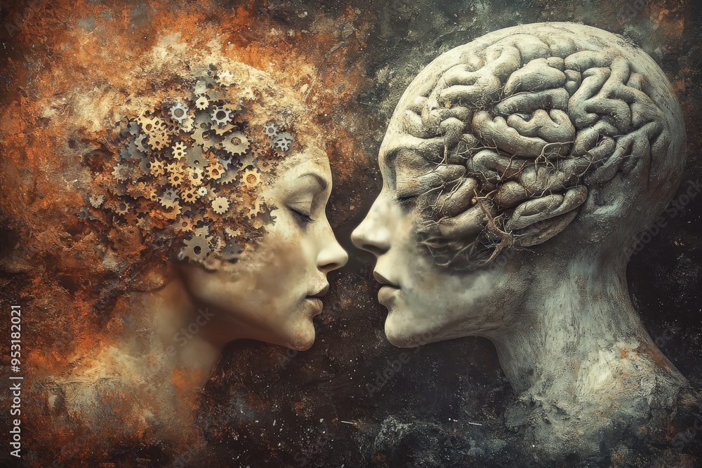 Poster surreal artistic depiction of a couple with mechanical brains symbolizing the fusion of human though