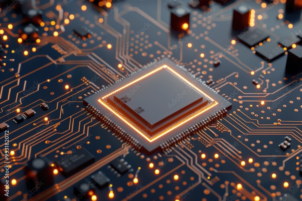 Poster a high-quality image of a computer chip on a printed circuit board