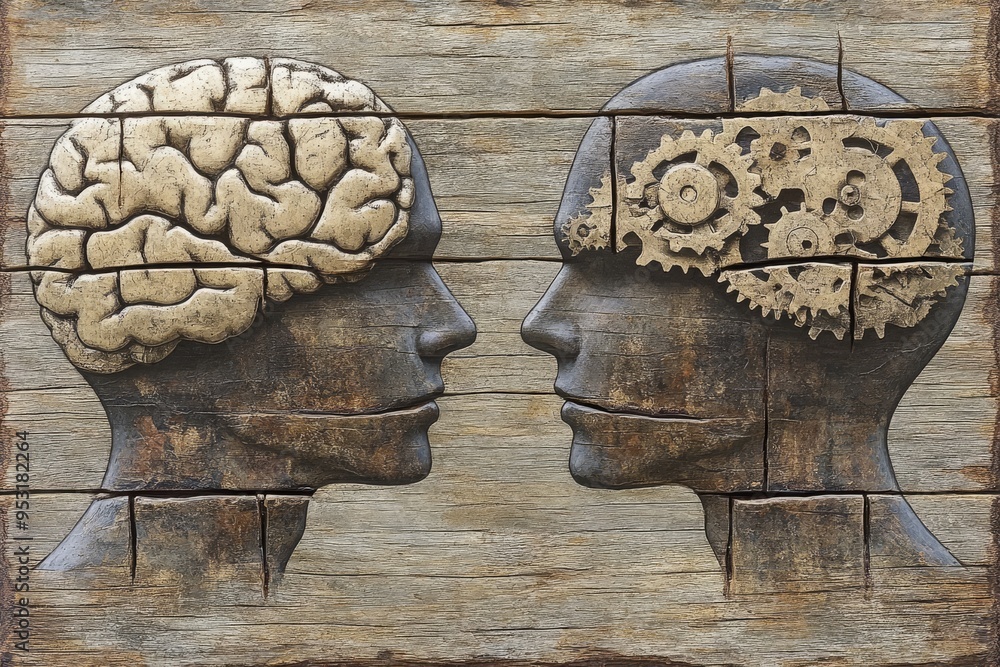 Poster rustic woodcut illustration of two profiles with mechanical brains symbolizing the integration of th
