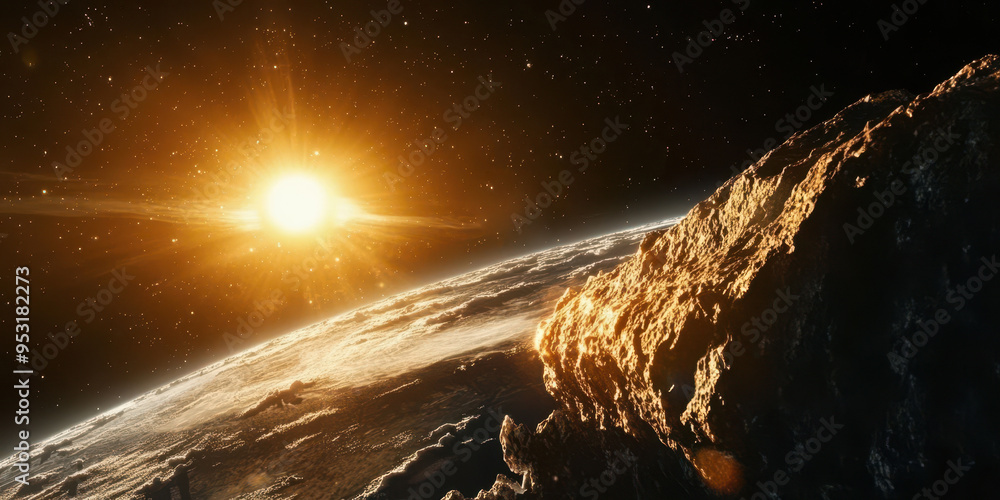 Sticker asteroid apophis illuminated by the sun with earth visible in the distance during a celestial event