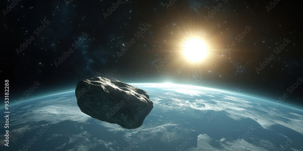 Sticker asteroid apophis illuminated by sunlight with earth visible in the background during its passage thr