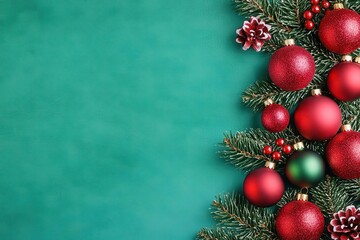 Christmas tree ornaments in a watercolor splash effect, bright reds and greens, abstract holiday background