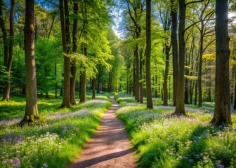 Obraz premium Nature Reserve Of Woodland With Tall Trees, Wildflowers, Green Grass, And A Meandering Path Through The Forest