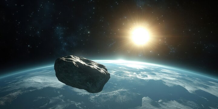 Asteroid Apophis illuminated by sunlight with Earth visible in the background during its passage through space