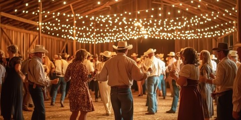 Guests enjoy lively dancing in a beautifully decorated barn with string lights, creating a vibrant atmosphere for a joyful gathering
