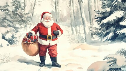Santa Claus with a sack of gifts in a snowy forest, watercolor, deep reds and whites, nostalgic holiday banner