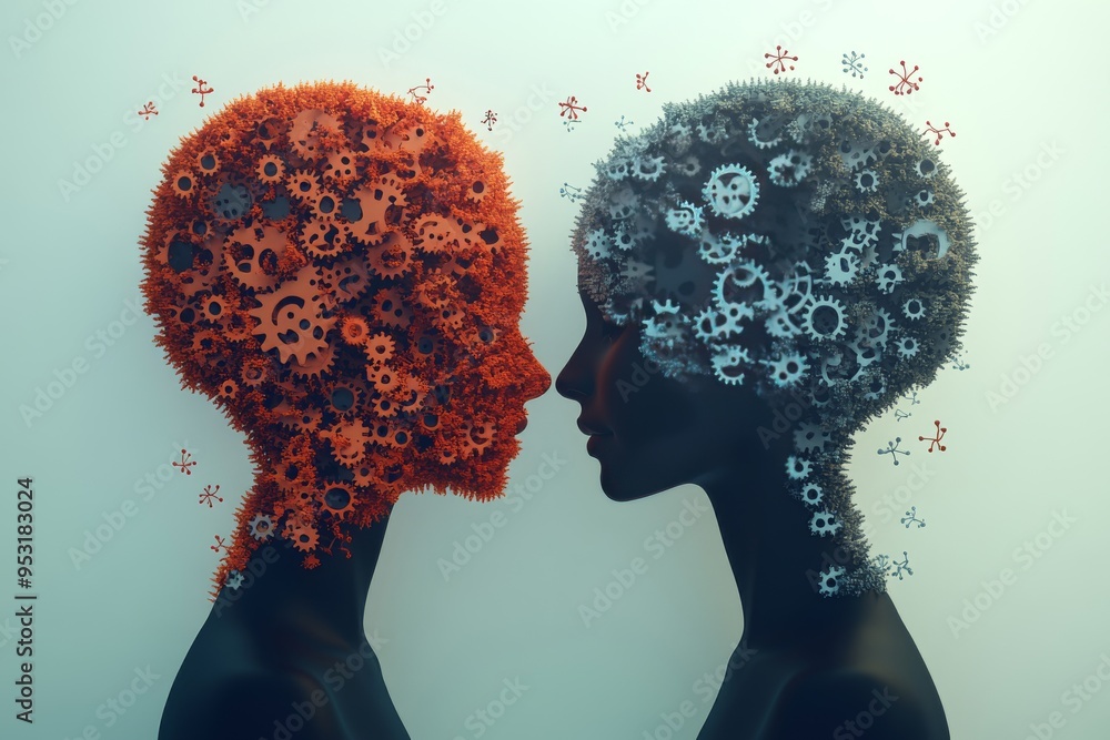 Aufkleber colorful gear filled brain profiles facing each other symbolizing the complex interplay between thou
