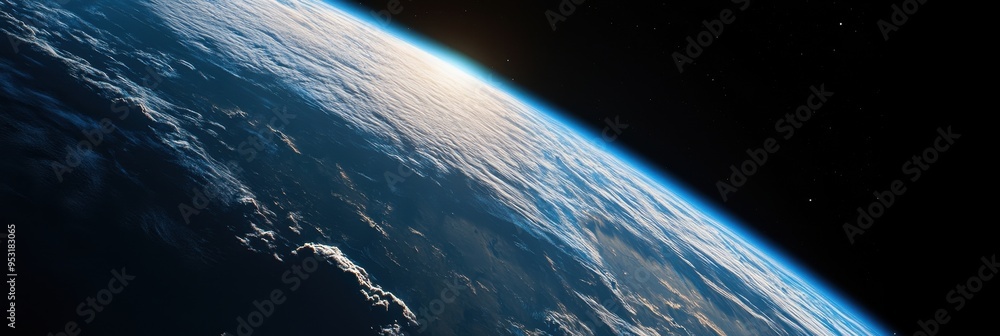 Wall mural earth’s stunning view from space, showcasing illuminated clouds and a thin atmosphere against the va