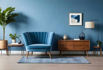 A modern living room with a blue velvet armchair, a wooden dresser, and a framed artwork on the wall.