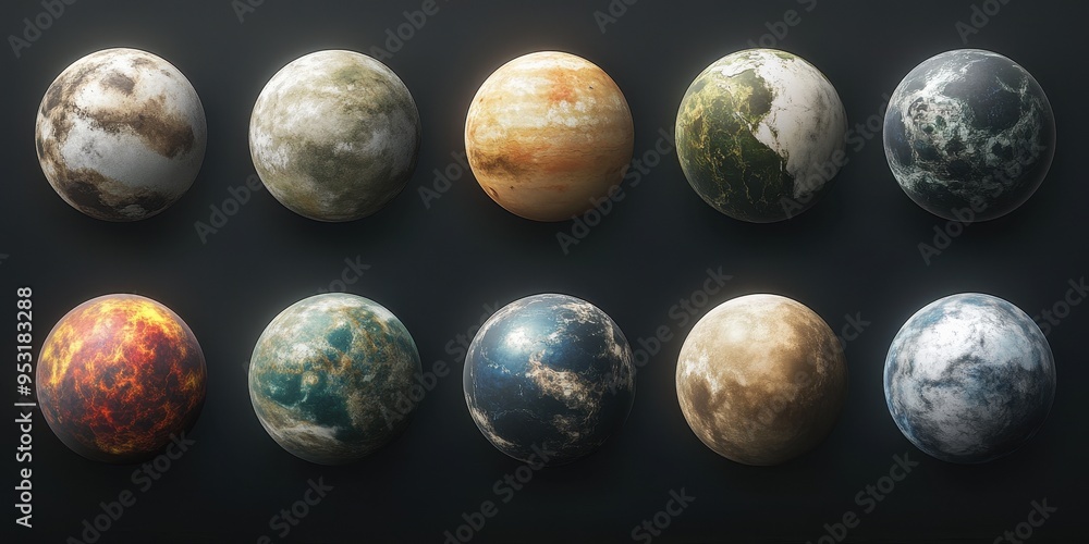Wall mural a diverse collection of realistic exoplanets showcasing unique geological features and atmospheric d