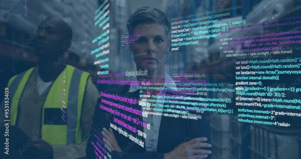 Poster computer code animation over businesswoman in warehouse with worker in background