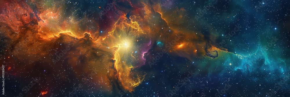 Wall mural vibrant cosmic nebula displaying swirling colors and celestial patterns in deep space during a dista
