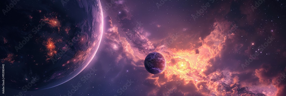 Sticker a breathtaking view of vibrant cosmic clouds and distant planets in a colorful nebula during the daw