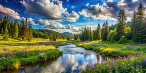 Fototapeta premium Serene landscape featuring a tranquil forest scene with a winding stream, lush green vegetation, and vibrant wildflowers under a radiant blue sky with fluffy clouds.