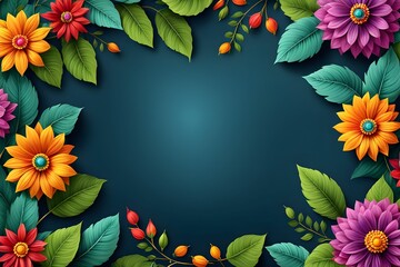Obraz premium colourful flowers frame a dark green background. space for text in the centre.