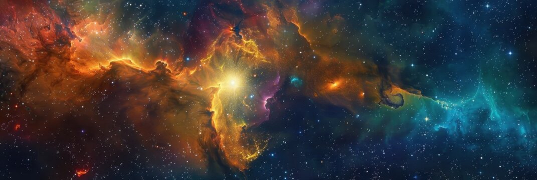 Vibrant cosmic nebula displaying swirling colors and celestial patterns in deep space during a distant galactic phenomenon