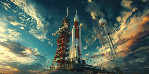 A stunning view of a space rocket on the launch pad against a dramatic sky during the late afternoon