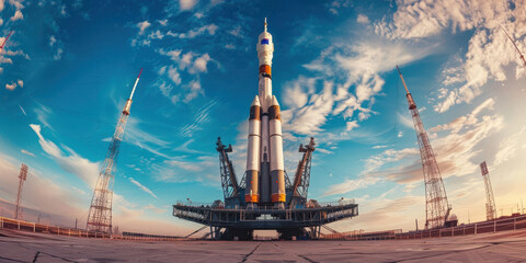 A panoramic view of a space rocket poised on the launch pad under a dramatic sky at dusk