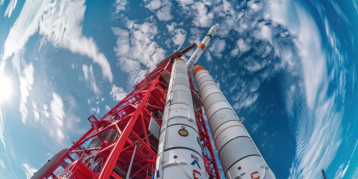 A panoramic view of a space rocket standing tall on the launch pad beneath a beautiful sky filled with clouds