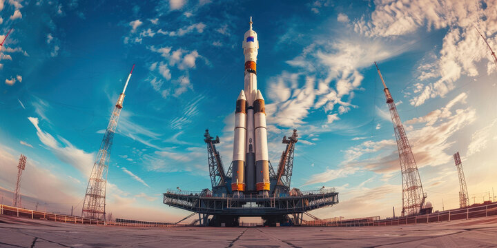 A panoramic view of a space rocket poised on the launch pad under a dramatic sky at dusk