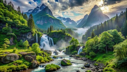 Serene misty mountain landscape with lush green forests, winding rivers, and majestic waterfalls, perfect for a tranquil and adventurous getaway in the wilderness.