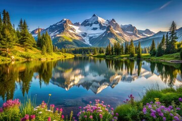 Fototapeta premium Serene mountain landscape featuring a tranquil lake reflecting majestic snow-capped peaks, surrounded by lush green forests and vibrant wildflowers under a clear blue sky.