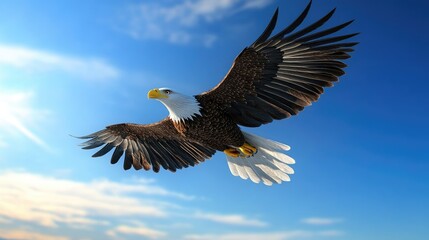 Obraz premium A majestic eagle soaring through a clear blue sky, showcasing the grace and power of this iconic bird of prey.