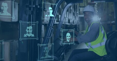 Facial recognition animation over warehouse worker operating forklift - Powered by Adobe