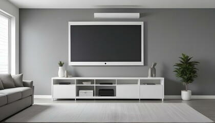 Fototapeta premium A large white framed canvas or projection screen mounted on a gray wall above a modern gray cabinet or entertainment.
