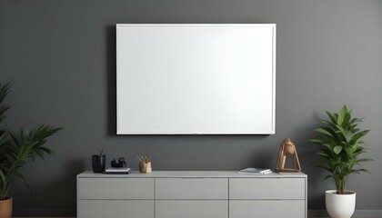 A large white framed canvas or projection screen mounted on a gray wall above a modern gray cabinet or entertainment.
