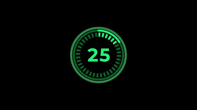 30 second green circle countdown animation on black background. 4k video