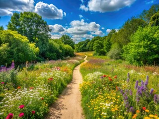 Serene winding dirt path meanders through lush greenery and vibrant wildflowers in a protected nature reserve on a warm sunny day.