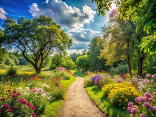 Serene winding dirt path vanished into lush greenery of a protected nature reserve, adorned with vibrant flowers and towering trees under a sunny sky.