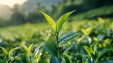 Fototapeta premium Green tea tree leaves field young tender bud herbal Green tea tree in camellia sinensis organic farm. Close up Fresh Tree tea plantations mountain green nature in herbal farm.