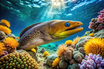 Slippery brown eel with vibrant yellow underbelly swims through clear turquoise water amidst coral reef and sea anemones in a serene underwater scene.